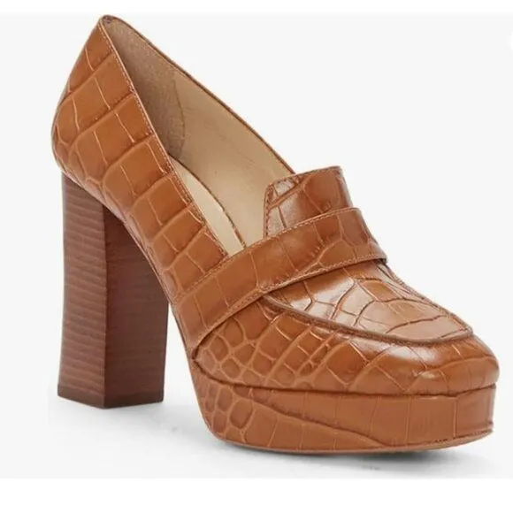 FOWT Brown Crocodile-Textured Chunky High Heel Square Toe Loafer Platform Pump