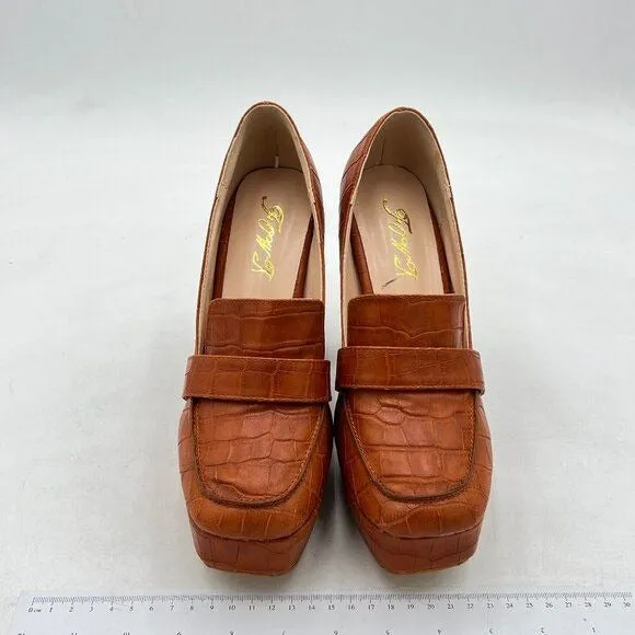 FOWT Brown Crocodile-Textured Chunky High Heel Square Toe Loafer Platform Pump