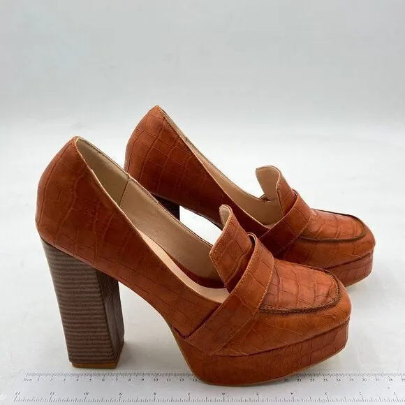 FOWT Brown Crocodile-Textured Chunky High Heel Square Toe Loafer Platform Pump