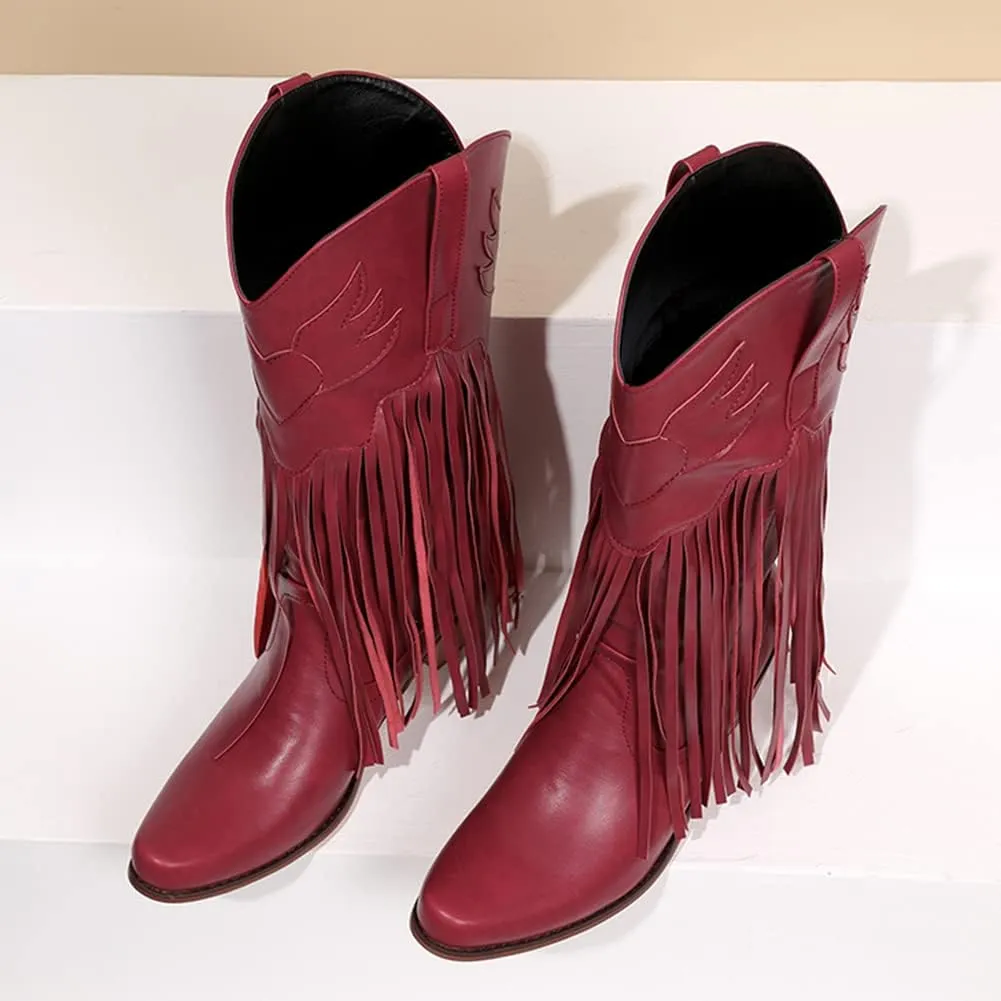 Fringe Denim Cowboy Boots Chunky Heel Tassel Cowgirl Boots Low Heel Mid Calf Western Boots