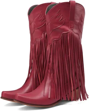 Fringe Denim Cowboy Boots Chunky Heel Tassel Cowgirl Boots Low Heel Mid Calf Western Boots