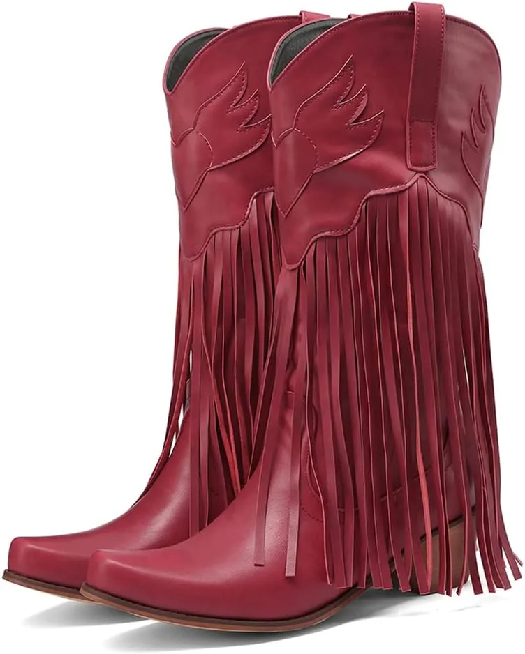 Fringe Denim Cowboy Boots Chunky Heel Tassel Cowgirl Boots Low Heel Mid Calf Western Boots