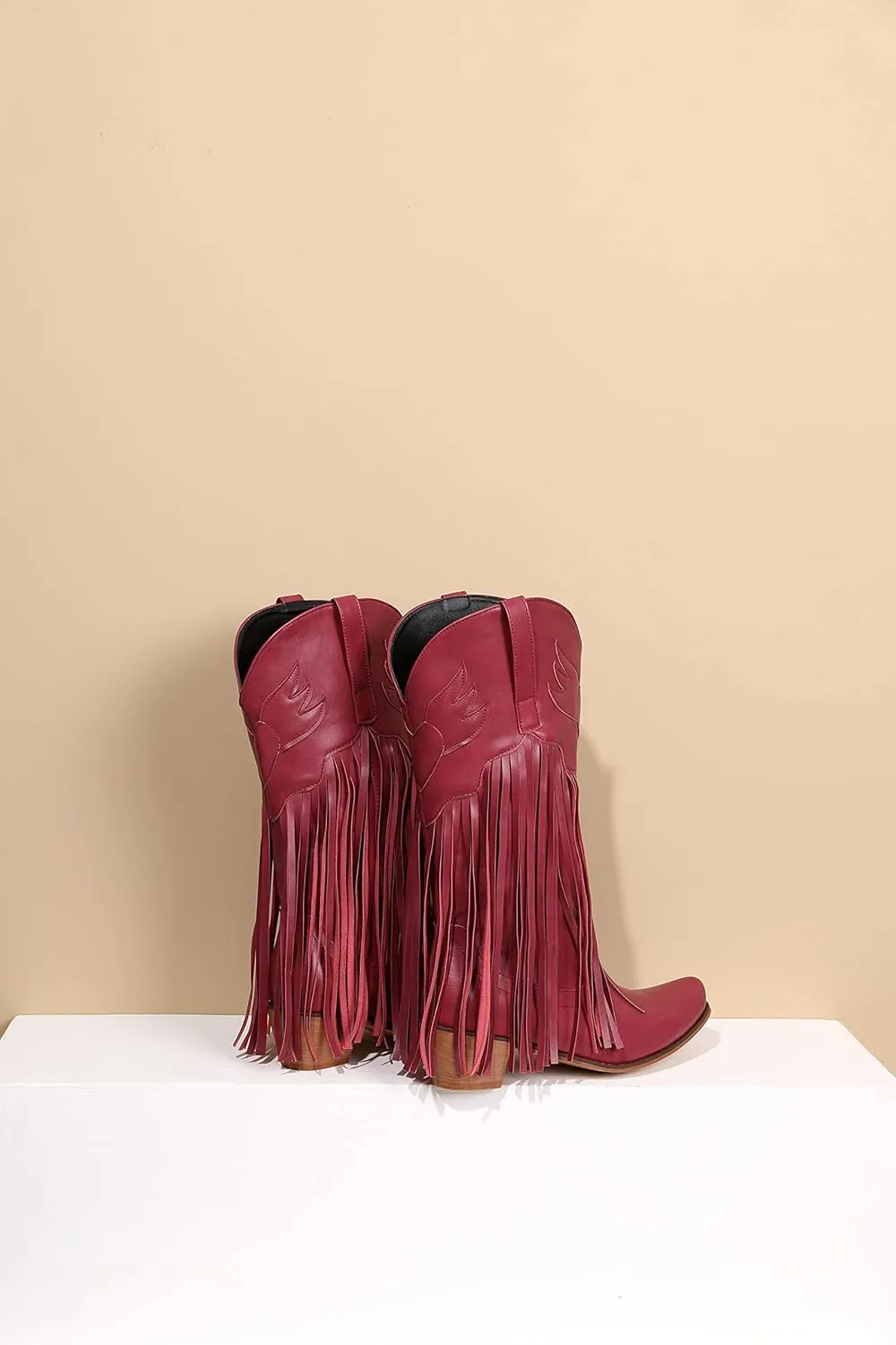 Fringe Denim Cowboy Boots Chunky Heel Tassel Cowgirl Boots Low Heel Mid Calf Western Boots