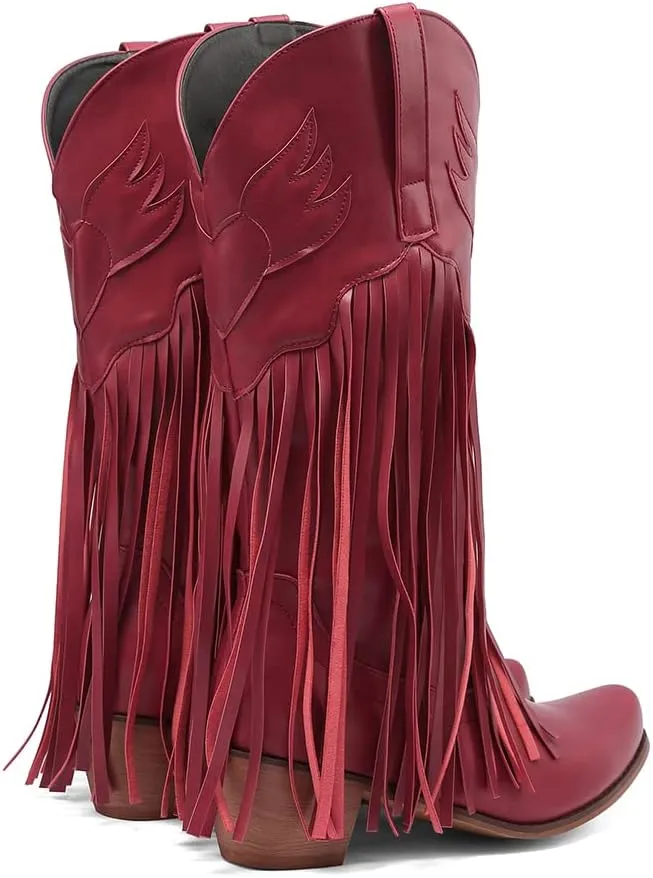 Fringe Denim Cowboy Boots Chunky Heel Tassel Cowgirl Boots Low Heel Mid Calf Western Boots