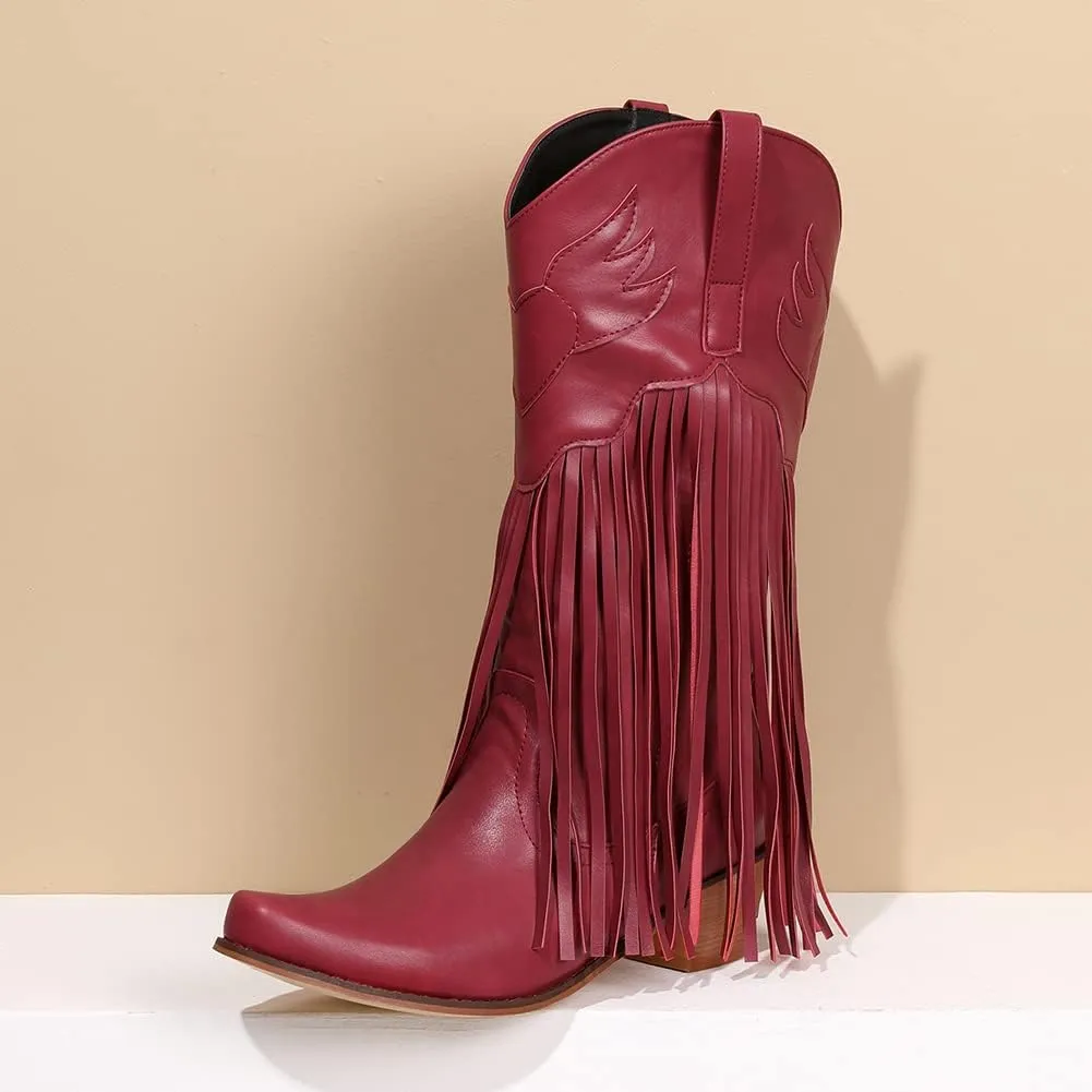 Fringe Denim Cowboy Boots Chunky Heel Tassel Cowgirl Boots Low Heel Mid Calf Western Boots