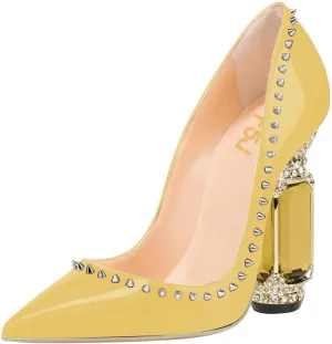 FSJ Women Bridal Pointed Toe Chunky Block High Heel Crystal Pumps Slip on Wedding Thick Comfort Evening Dress Studded Rivets Shoes Size 4-16 US