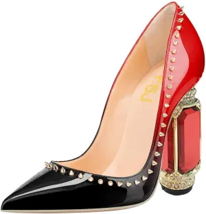 FSJ Women Bridal Pointed Toe Chunky Block High Heel Crystal Pumps Slip on Wedding Thick Comfort Evening Dress Studded Rivets Shoes Size 4-16 US