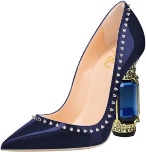 FSJ Women Bridal Pointed Toe Chunky Block High Heel Crystal Pumps Slip on Wedding Thick Comfort Evening Dress Studded Rivets Shoes Size 4-16 US