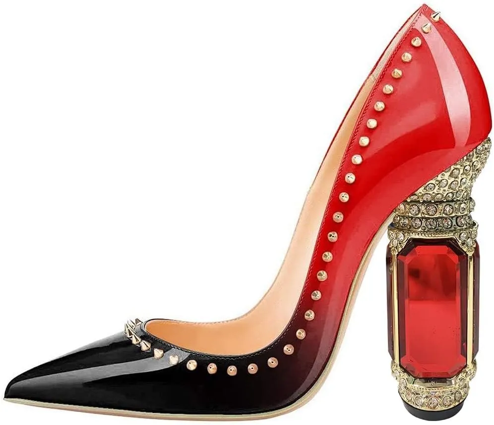 FSJ Women Bridal Pointed Toe Chunky Block High Heel Crystal Pumps Slip on Wedding Thick Comfort Evening Dress Studded Rivets Shoes Size 4-16 US