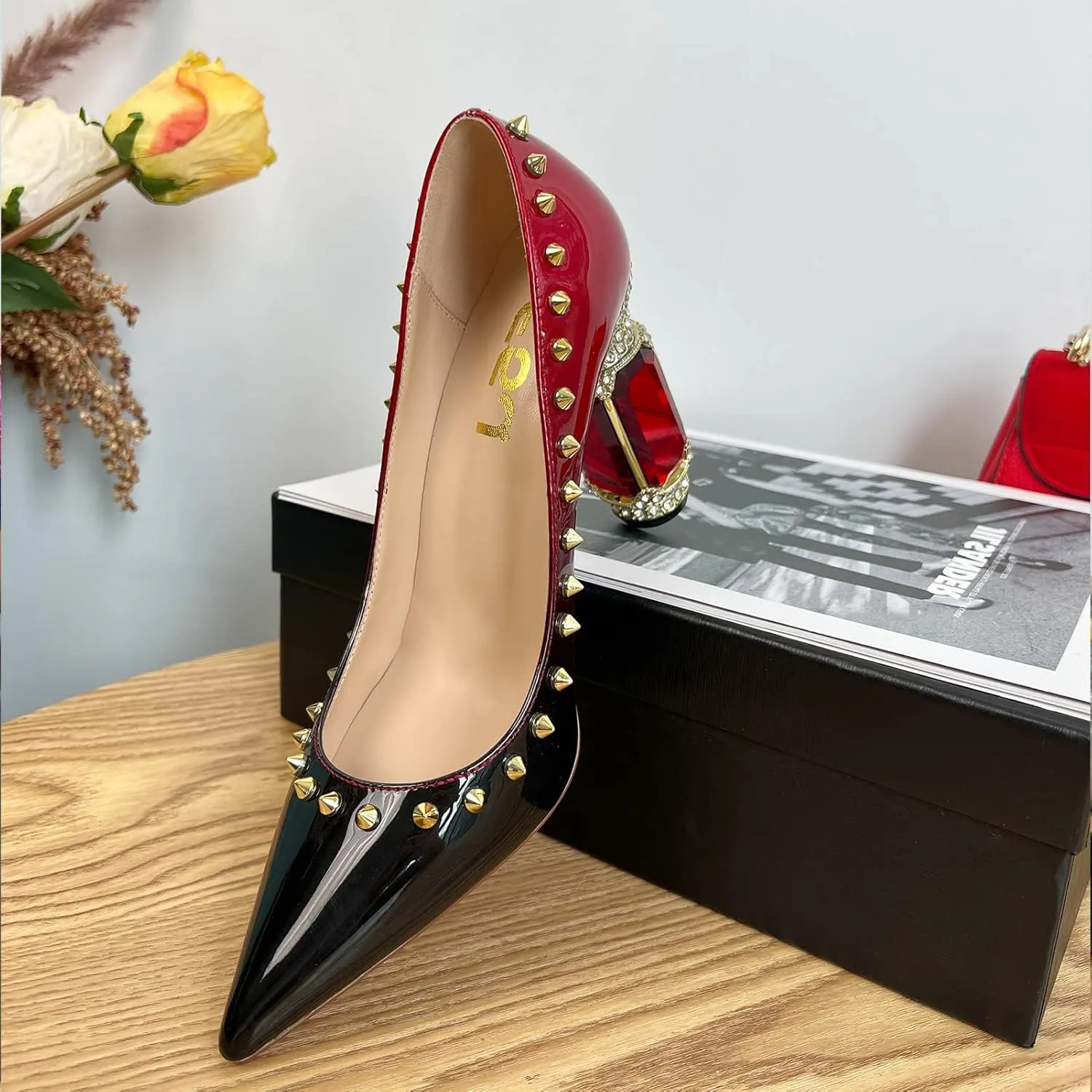 FSJ Women Bridal Pointed Toe Chunky Block High Heel Crystal Pumps Slip on Wedding Thick Comfort Evening Dress Studded Rivets Shoes Size 4-16 US