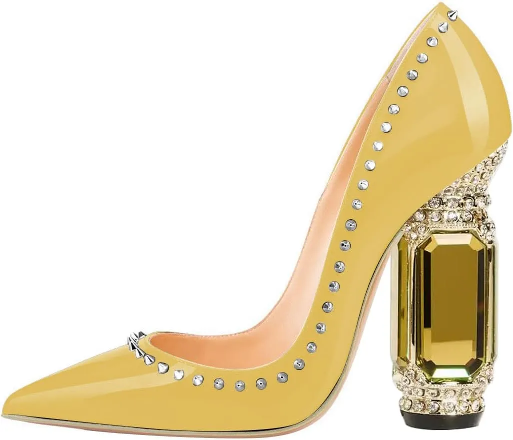 FSJ Women Bridal Pointed Toe Chunky Block High Heel Crystal Pumps Slip on Wedding Thick Comfort Evening Dress Studded Rivets Shoes Size 4-16 US
