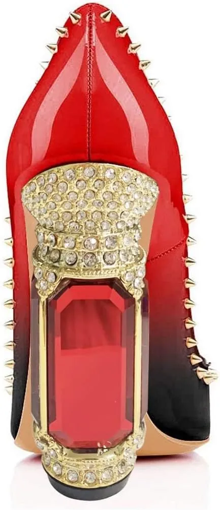 FSJ Women Bridal Pointed Toe Chunky Block High Heel Crystal Pumps Slip on Wedding Thick Comfort Evening Dress Studded Rivets Shoes Size 4-16 US