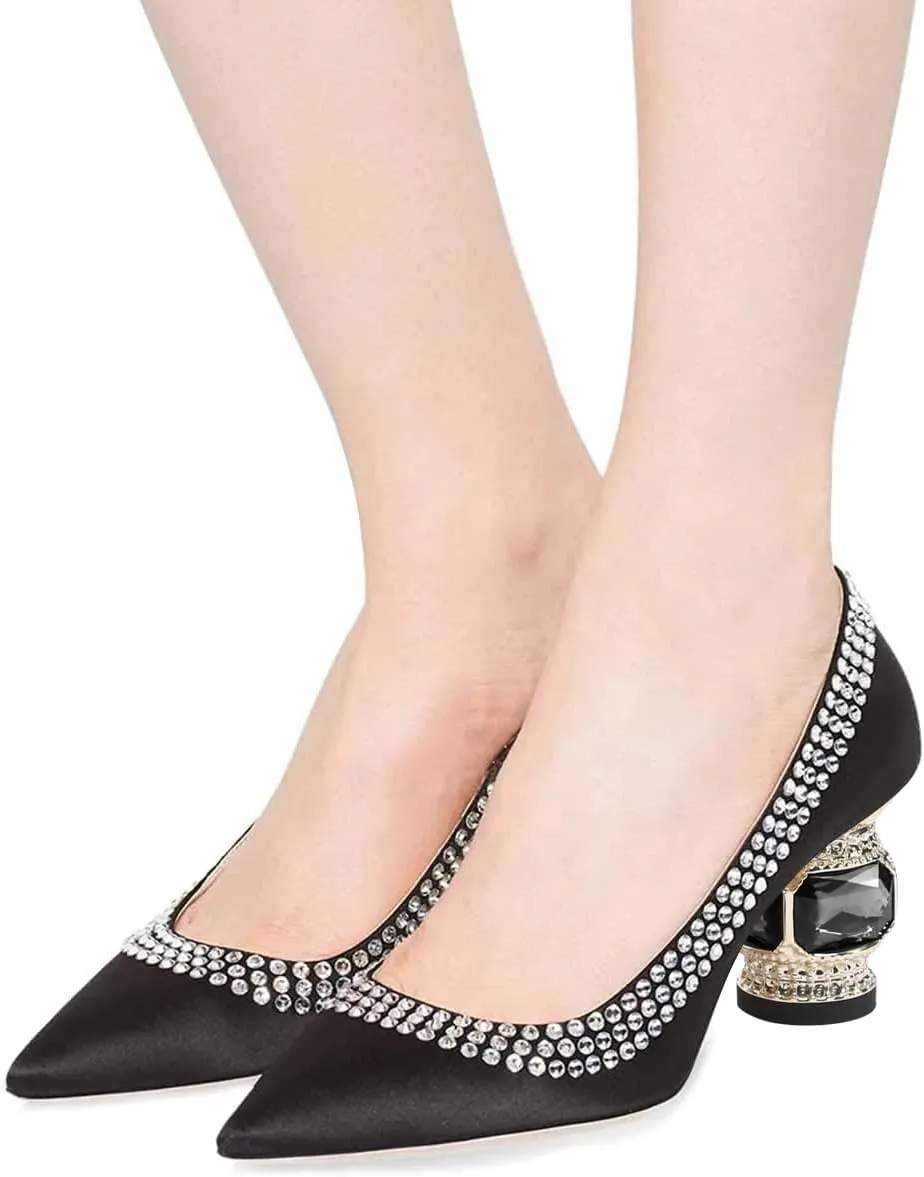 FSJ Women Bridal Pointed Toe Chunky Block Low Heel Crystal Pumps Slip on Wedding Thick Heel Comfort Shoes Size 4-15 US