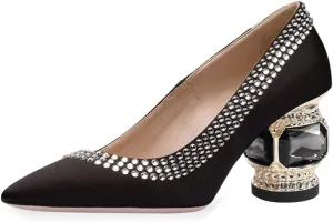 FSJ Women Bridal Pointed Toe Chunky Block Low Heel Crystal Pumps Slip on Wedding Thick Heel Comfort Shoes Size 4-15 US