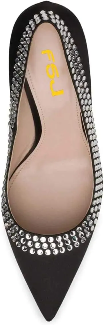 FSJ Women Bridal Pointed Toe Chunky Block Low Heel Crystal Pumps Slip on Wedding Thick Heel Comfort Shoes Size 4-15 US