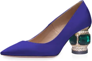 FSJ Women Bridal Pointed Toe Chunky Block Low Heel Crystal Pumps Slip on Wedding Thick Heel Comfort Shoes Size 4-15 US