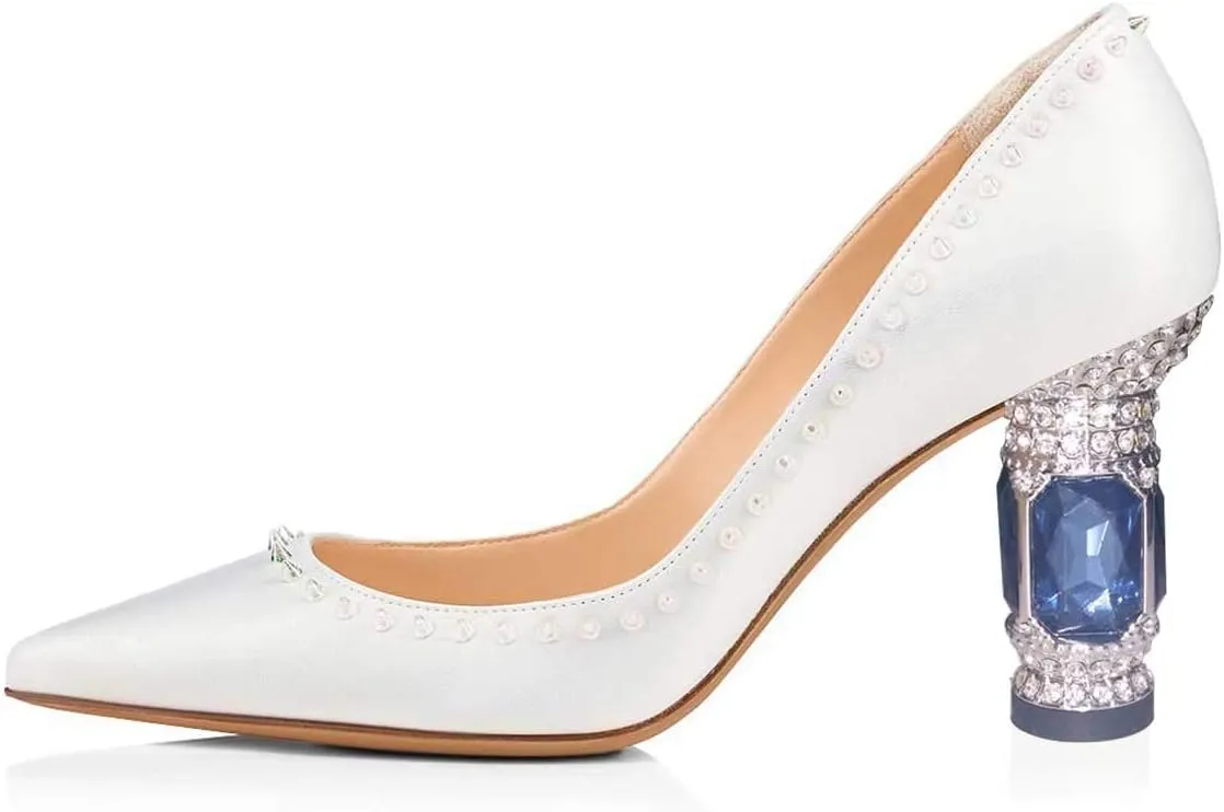 FSJ Women Bridal Pointed Toe Chunky High Heel Crystal Pumps Slip on Wedding 7.5cm Thick Heel Comfort Shoes Size 4-16 US