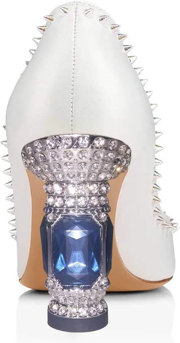 FSJ Women Bridal Pointed Toe Chunky High Heel Crystal Pumps Slip on Wedding 7.5cm Thick Heel Comfort Shoes Size 4-16 US