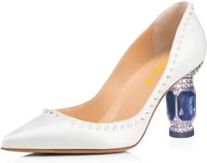 FSJ Women Bridal Pointed Toe Chunky High Heel Crystal Pumps Slip on Wedding 7.5cm Thick Heel Comfort Shoes Size 4-16 US