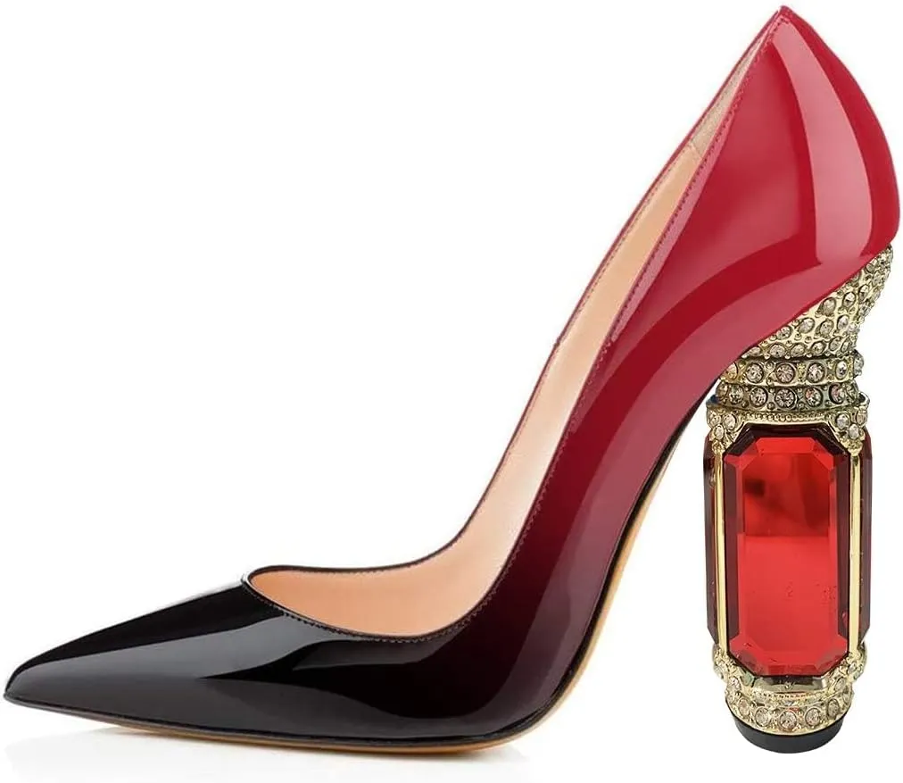 FSJ Women Bridal Pointed Toe Chunky High Heel Crystal Pumps Slip on Wedding Thick Comfort Unique Shoes Size 4-15 US