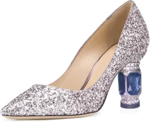 FSJ Women Bridal Pointed Toe Mid Low Heels Crystal Pumps Slip on Comfort Wedding Glitter Shoes