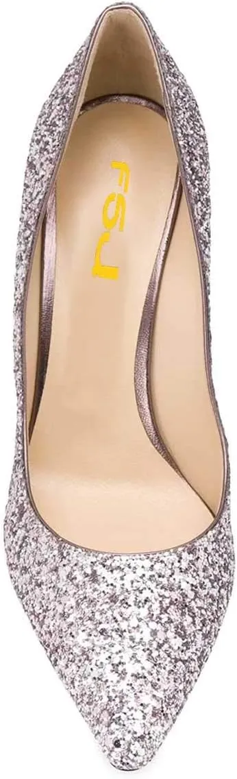 FSJ Women Bridal Pointed Toe Mid Low Heels Crystal Pumps Slip on Comfort Wedding Glitter Shoes