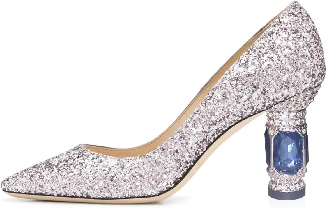 FSJ Women Bridal Pointed Toe Mid Low Heels Crystal Pumps Slip on Comfort Wedding Glitter Shoes