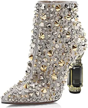 FSJ Women Chic Pointed Toe Crystal Chunky Block High Heel Ankle Boots Glossy Side Zipper Casual Daily Fashion Ladies Shoes Size 4-15 US