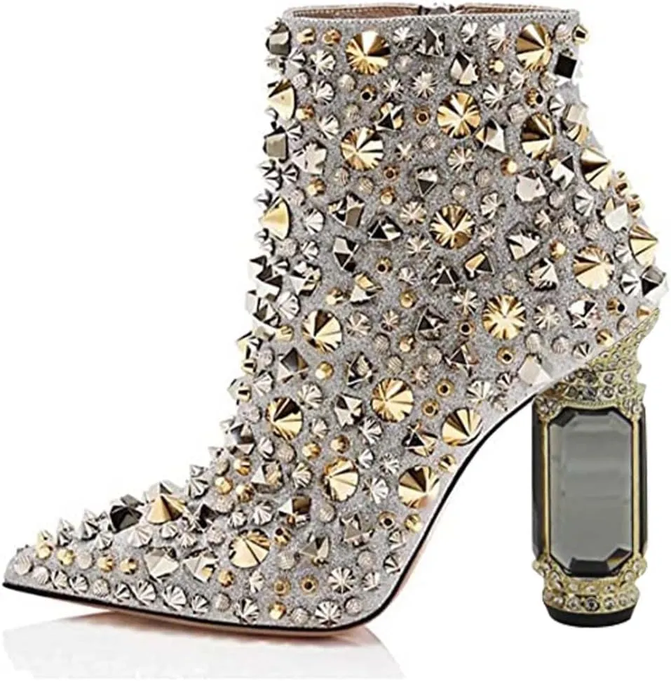 FSJ Women Chic Pointed Toe Crystal Chunky Block High Heel Ankle Boots Glossy Side Zipper Casual Daily Fashion Ladies Shoes Size 4-15 US