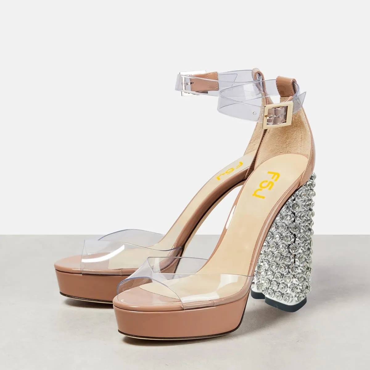 FSJ Women Chunky Block High Heel Crystal Studded Sandals Platform Peep Toe Clear Ankle Strap Transparent Comfort Bridal Wedding Shoes Size 4-15 US