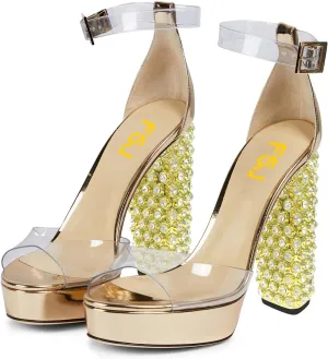 FSJ Women Chunky Block High Heel Crystal Studded Sandals Platform Peep Toe Clear Ankle Strap Transparent Comfort Bridal Wedding Shoes Size 4-15 US