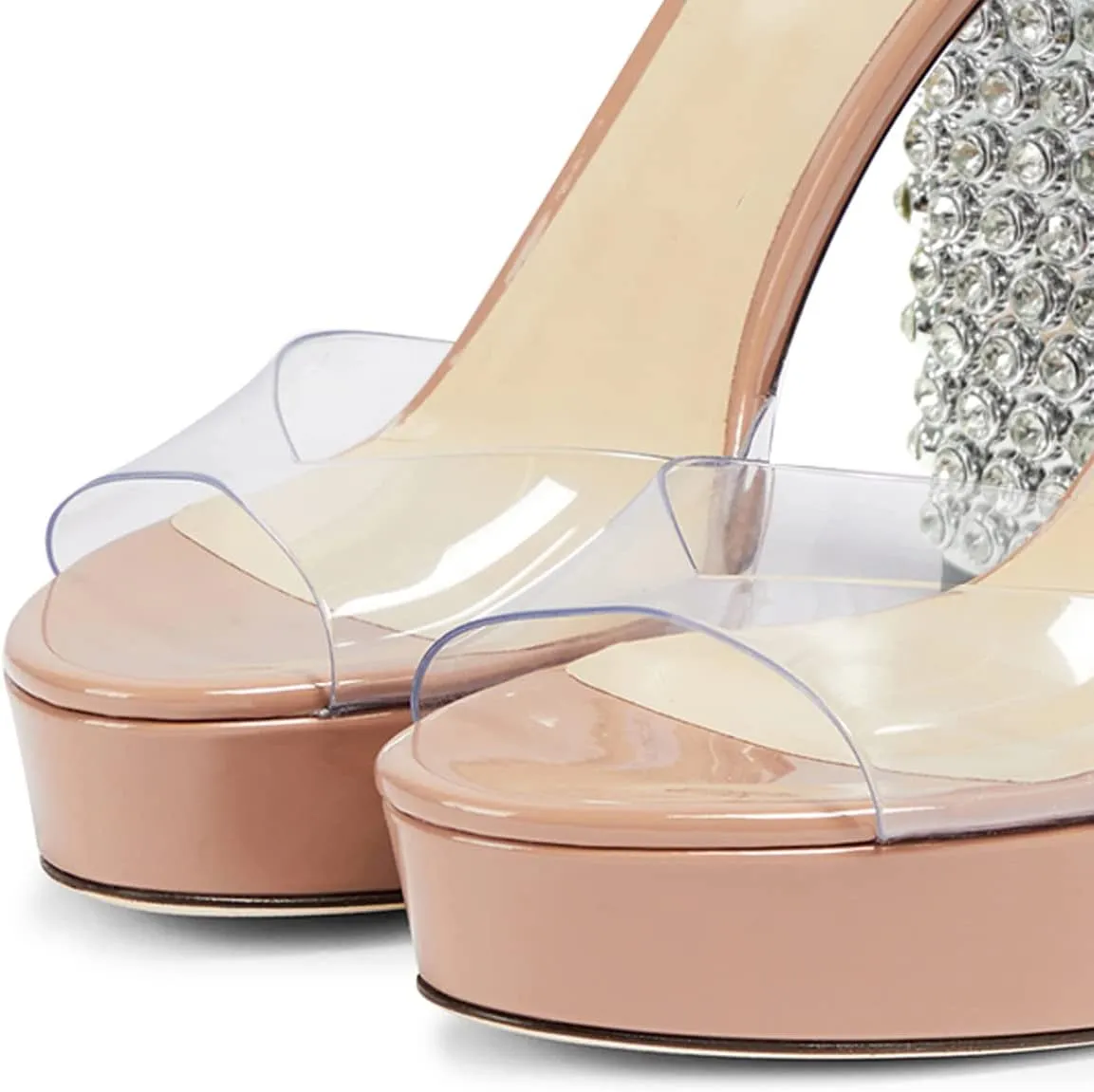 FSJ Women Chunky Block High Heel Crystal Studded Sandals Platform Peep Toe Clear Ankle Strap Transparent Comfort Bridal Wedding Shoes Size 4-15 US