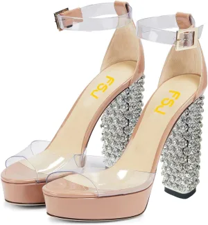 FSJ Women Chunky Block High Heel Crystal Studded Sandals Platform Peep Toe Clear Ankle Strap Transparent Comfort Bridal Wedding Shoes Size 4-15 US
