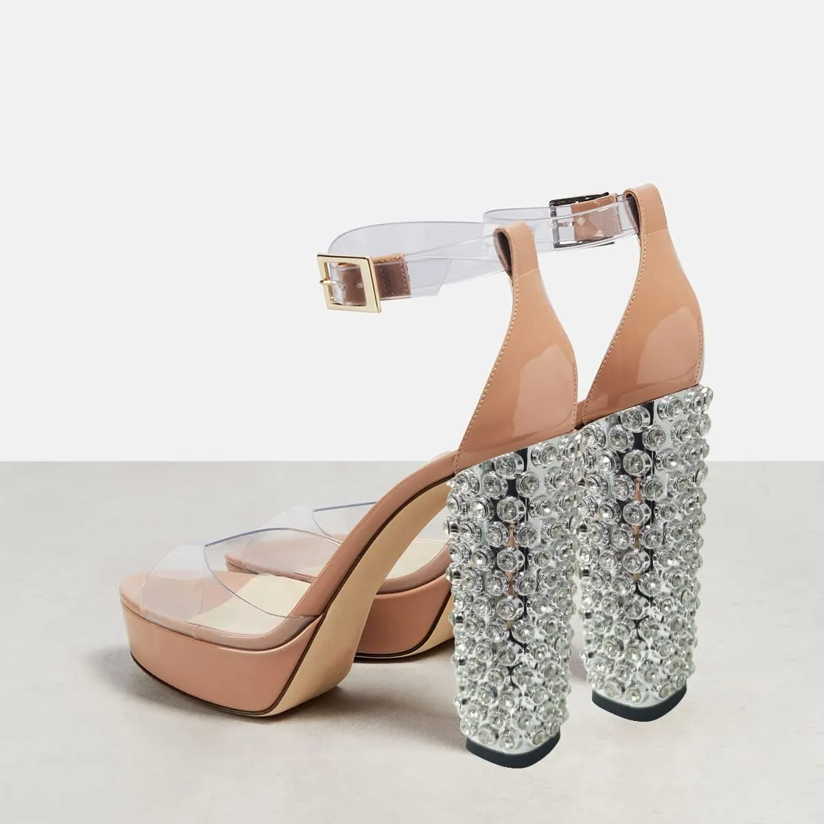 FSJ Women Chunky Block High Heel Crystal Studded Sandals Platform Peep Toe Clear Ankle Strap Transparent Comfort Bridal Wedding Shoes Size 4-15 US