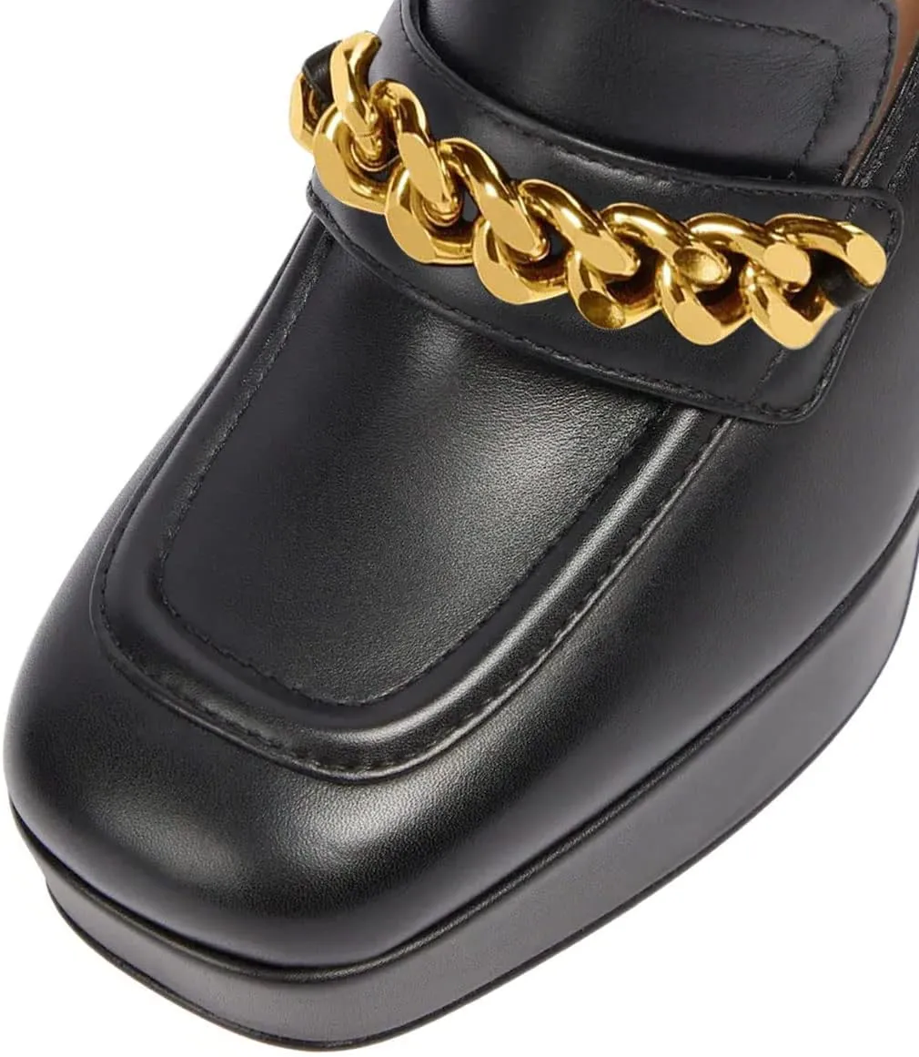 FSJ Women Classic Platform High Chunky Heel Loafer Pumps Square Closed Toe Slip On Block Heel Ladies Wedding Party Office Dress Shoes with Chain Size 4-15 US