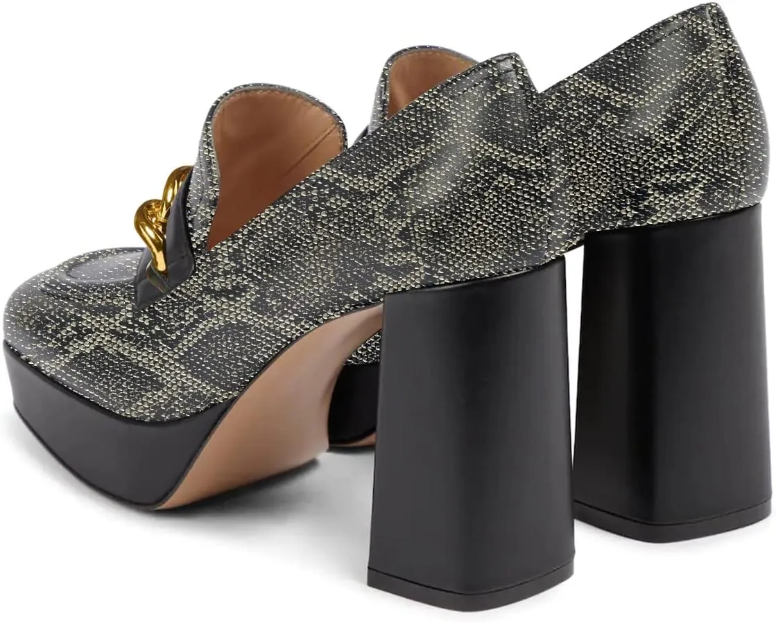 FSJ Women Classic Platform High Chunky Heel Loafer Pumps Square Closed Toe Slip On Block Heel Ladies Wedding Party Office Dress Shoes with Chain Size 4-15 US