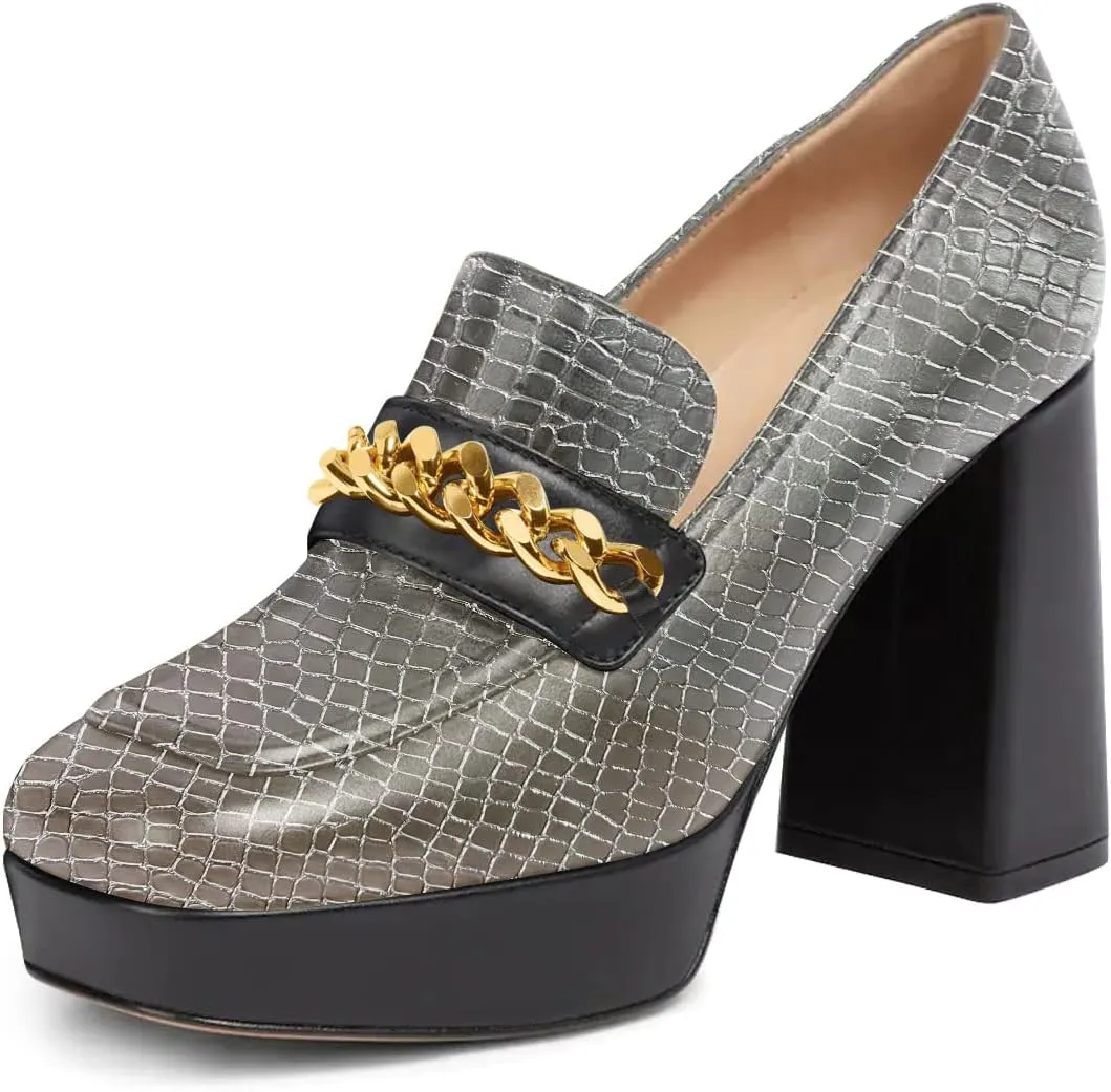 FSJ Women Classic Platform High Chunky Heel Loafer Pumps Square Closed Toe Slip On Block Heel Ladies Wedding Party Office Dress Shoes with Chain Size 4-15 US