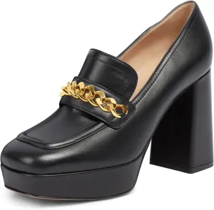 FSJ Women Classic Platform High Chunky Heel Loafer Pumps Square Closed Toe Slip On Block Heel Ladies Wedding Party Office Dress Shoes with Chain Size 4-15 US