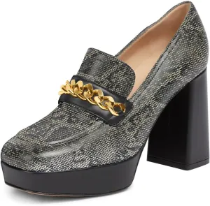 FSJ Women Classic Platform High Chunky Heel Loafer Pumps Square Closed Toe Slip On Block Heel Ladies Wedding Party Office Dress Shoes with Chain Size 4-15 US