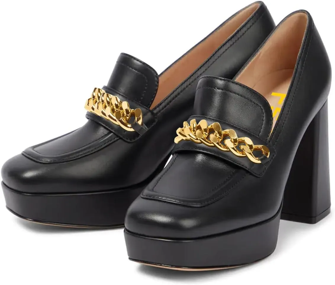 FSJ Women Classic Platform High Chunky Heel Loafer Pumps Square Closed Toe Slip On Block Heel Ladies Wedding Party Office Dress Shoes with Chain Size 4-15 US