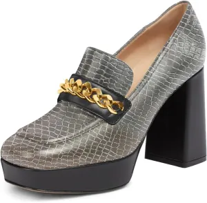 FSJ Women Classic Platform High Chunky Heel Loafer Pumps Square Closed Toe Slip On Block Heel Ladies Wedding Party Office Dress Shoes with Chain Size 4-15 US