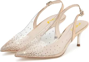 FSJ Women Crystal Studded Clear Pumps Sparkle Rhinestones Mid Low Heel Sandals Slingback D'orsay Pointed Toe Wedding Shoes Size 4-15 US