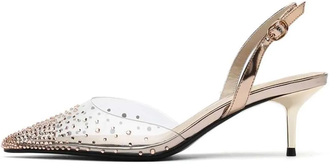 FSJ Women Crystal Studded Clear Pumps Sparkle Rhinestones Mid Low Heel Sandals Slingback D'orsay Pointed Toe Wedding Shoes Size 4-15 US