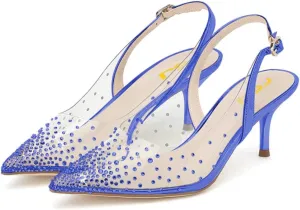 FSJ Women Crystal Studded Clear Pumps Sparkle Rhinestones Mid Low Heel Sandals Slingback D'orsay Pointed Toe Wedding Shoes Size 4-15 US
