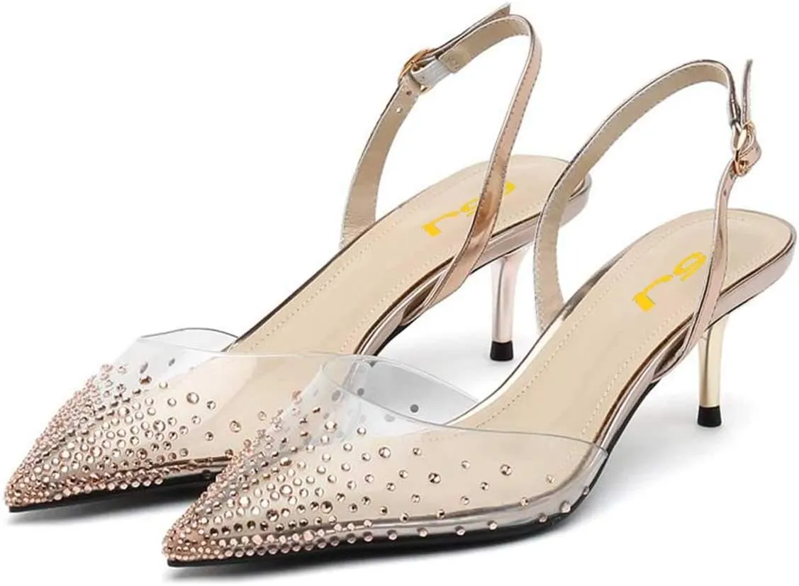 FSJ Women Crystal Studded Clear Pumps Sparkle Rhinestones Mid Low Heel Sandals Slingback D'orsay Pointed Toe Wedding Shoes Size 4-15 US