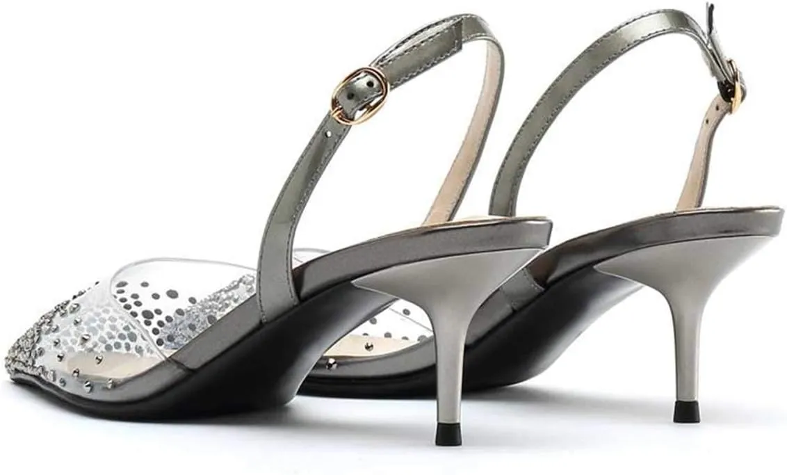 FSJ Women Crystal Studded Clear Pumps Sparkle Rhinestones Mid Low Heel Sandals Slingback D'orsay Pointed Toe Wedding Shoes Size 4-15 US