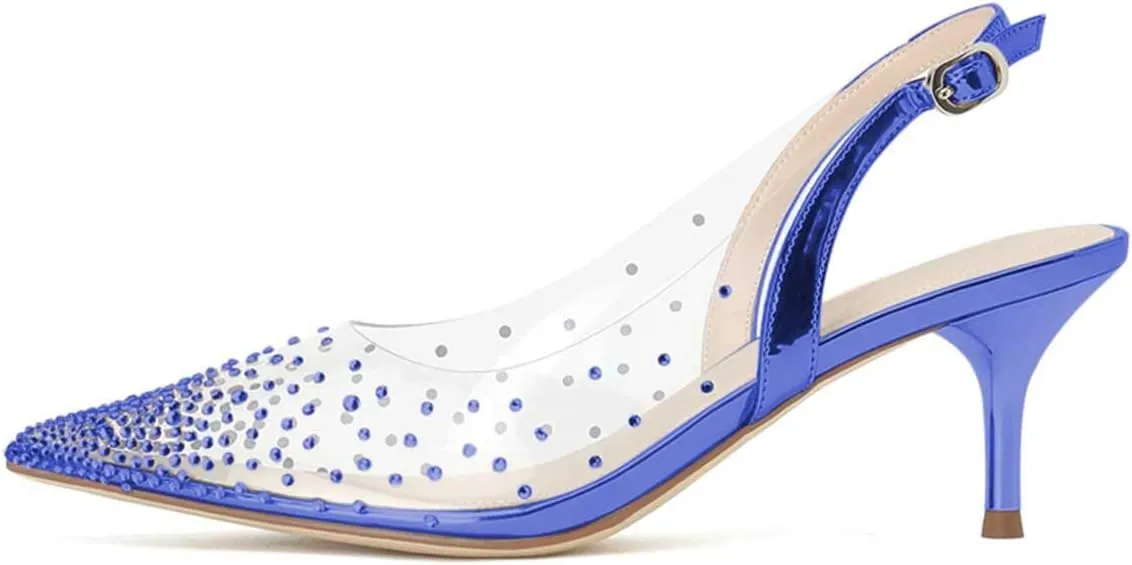 FSJ Women Crystal Studded Clear Pumps Sparkle Rhinestones Mid Low Heel Sandals Slingback D'orsay Pointed Toe Wedding Shoes Size 4-15 US