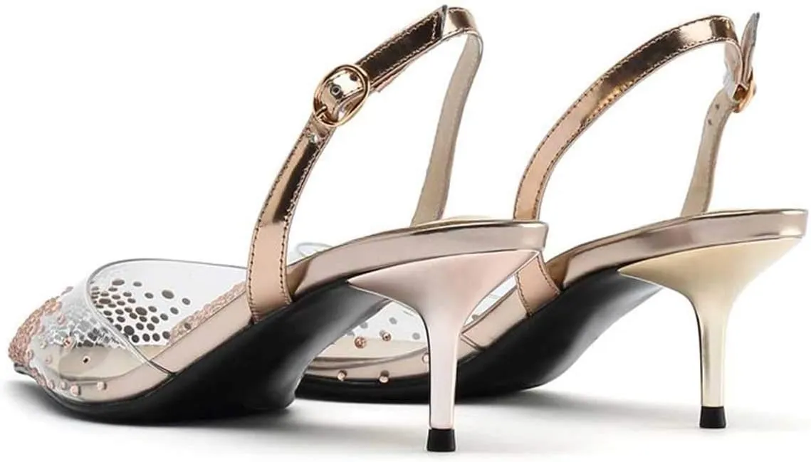 FSJ Women Crystal Studded Clear Pumps Sparkle Rhinestones Mid Low Heel Sandals Slingback D'orsay Pointed Toe Wedding Shoes Size 4-15 US