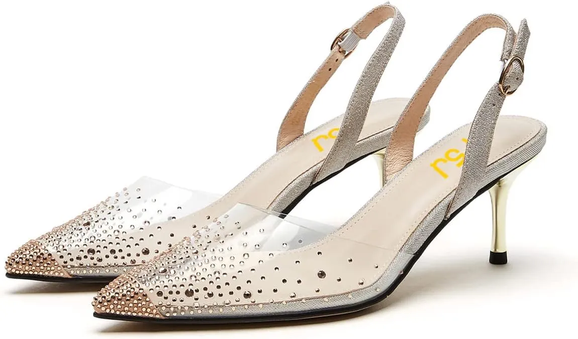 FSJ Women Crystal Studded Clear Pumps Sparkle Rhinestones Mid Low Heel Sandals Slingback D'orsay Pointed Toe Wedding Shoes Size 4-15 US