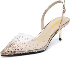 FSJ Women Crystal Studded Clear Pumps Sparkle Rhinestones Mid Low Heel Sandals Slingback D'orsay Pointed Toe Wedding Shoes Size 4-15 US